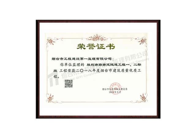 勝利南路南延隧道一、二標(biāo)段-2018年度煙臺(tái)市建筑質(zhì)量?jī)?yōu)質(zhì)工程